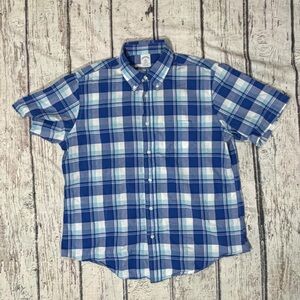 Brooks Brothers Regent Plaid Short Sleeve Blue Button Down Dress Shirt Mens